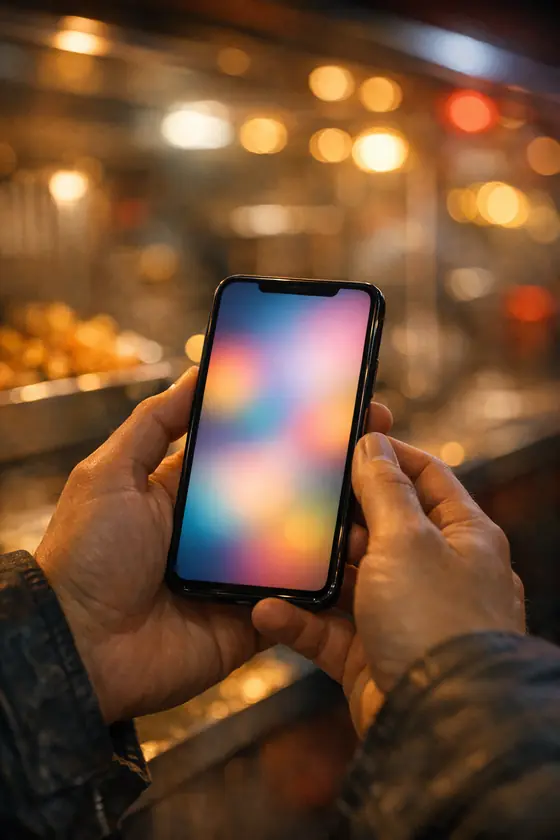 Mains tenant un smartphone devant le comptoir d'un snack le soir