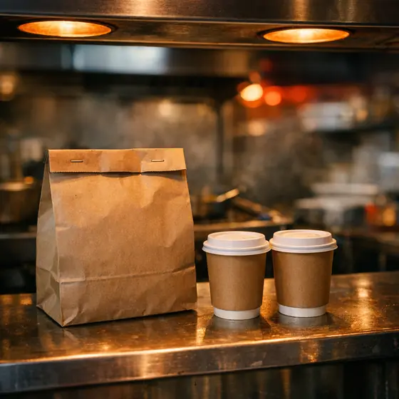 Sac de commande en kraft et boissons prêts sur la passe