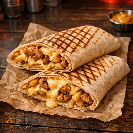 Tacos XL coupé en deux avec sauce fromagère et frites