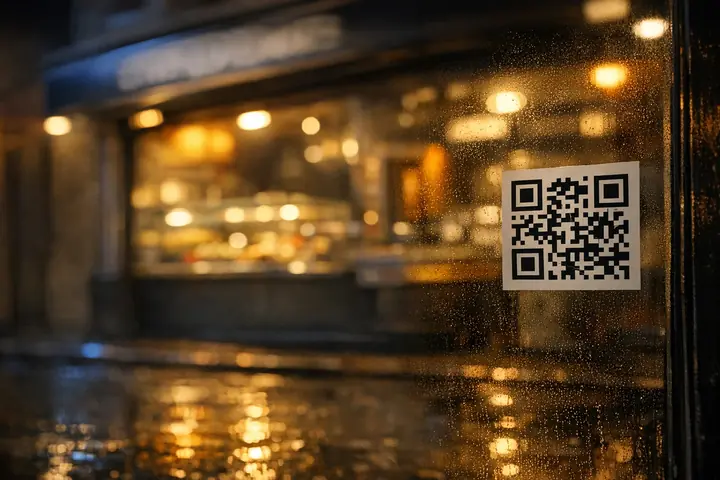 Vitrine de snack la nuit avec un QR code de commande collé sur la vitre